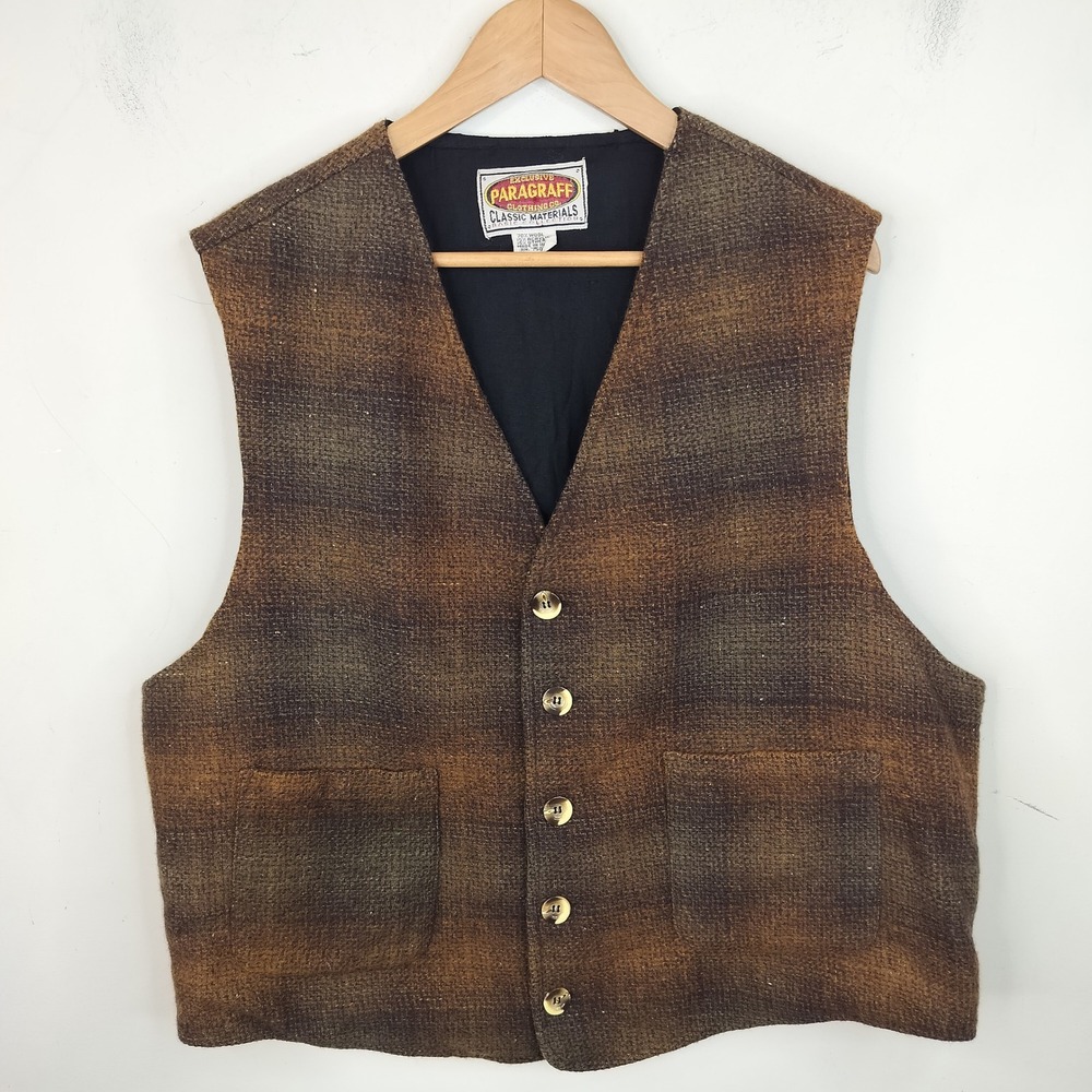 Paragraff Vintage Plaid Wool Vest Mens XL Button Up Waistcoat Brown Grey